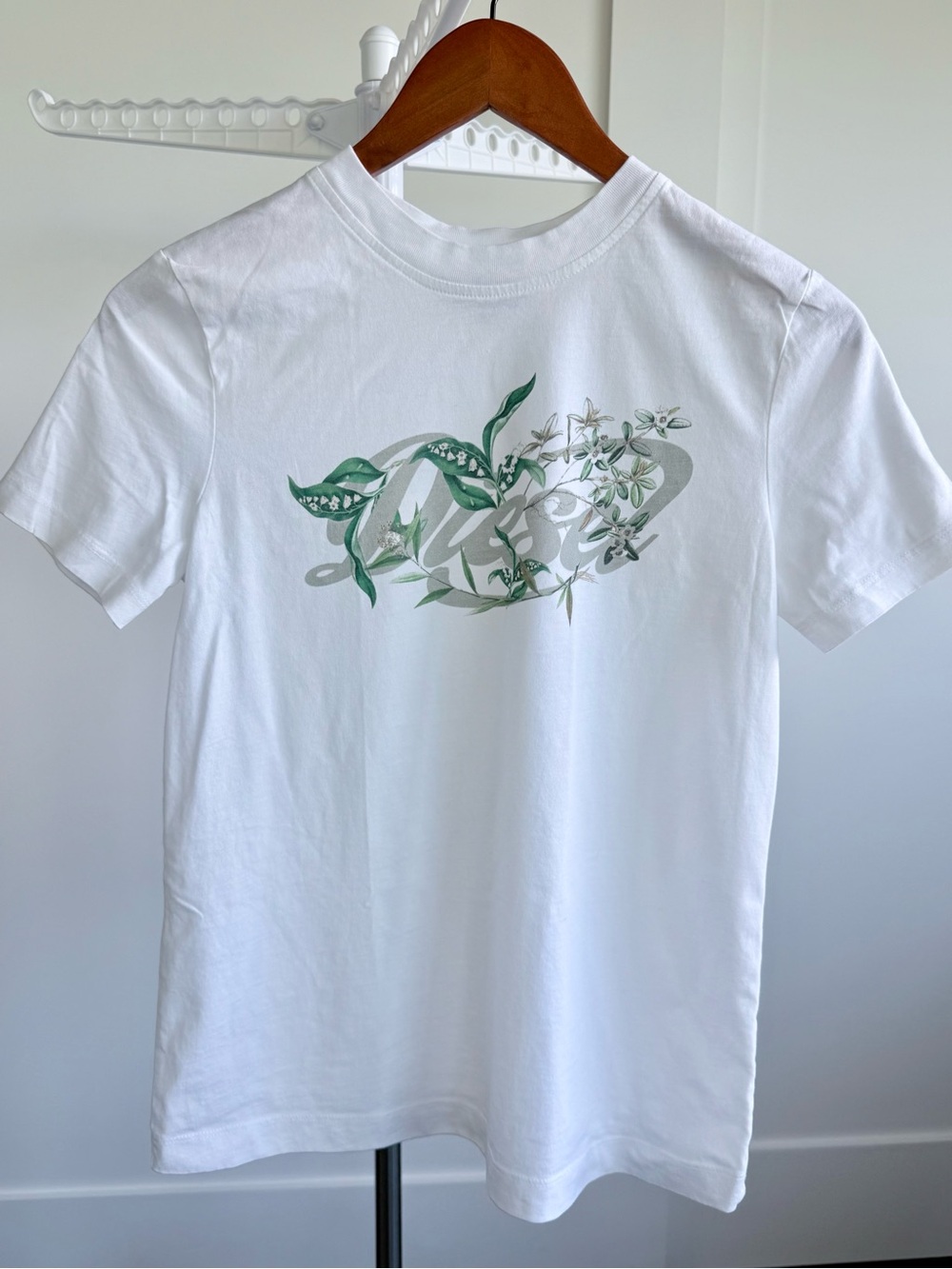 Diesel Women White Tee with Green Botanical Graphic
